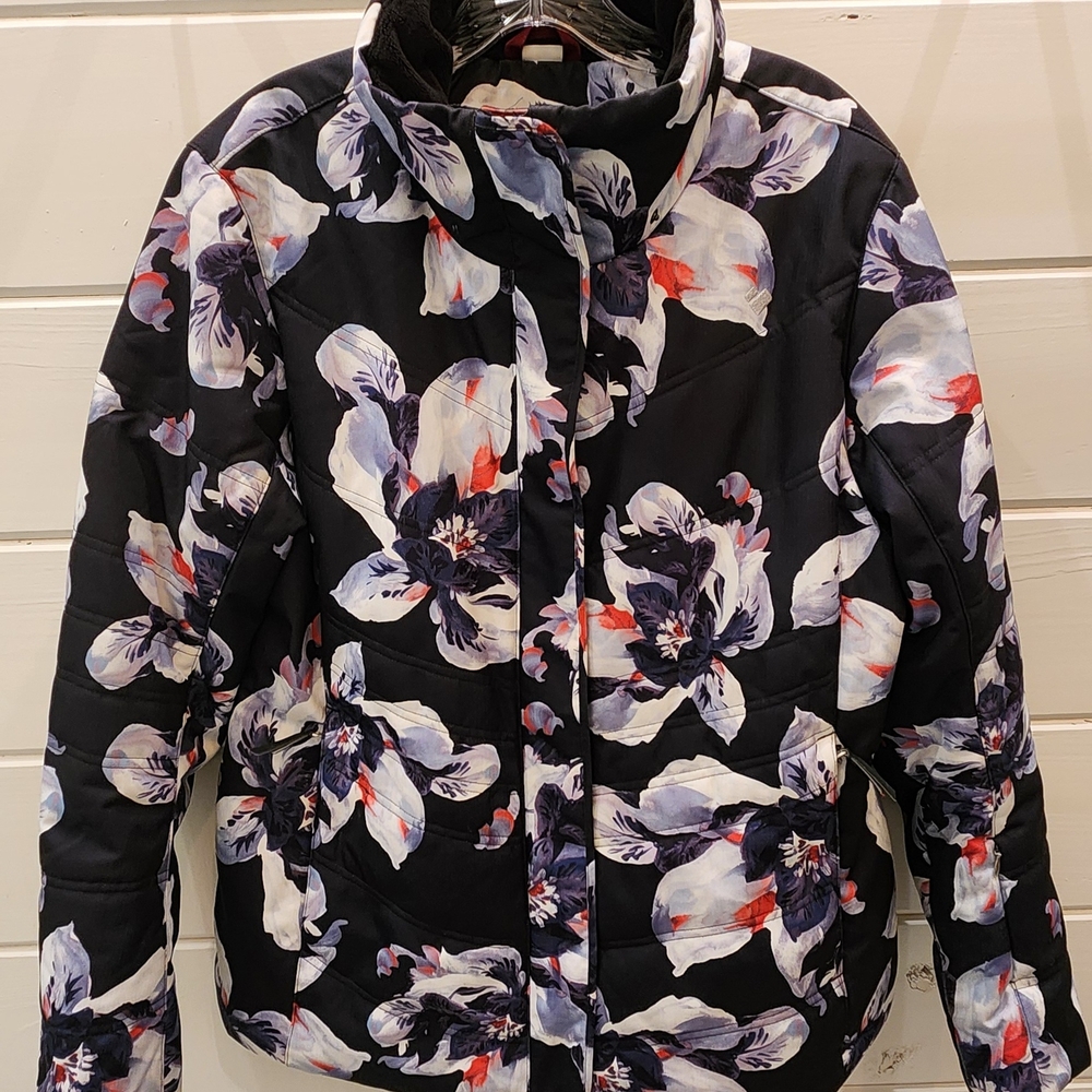 Obermeyer Tuscany II Women's Navy Floral Ski Jacket with Removable Faux Fur Hood